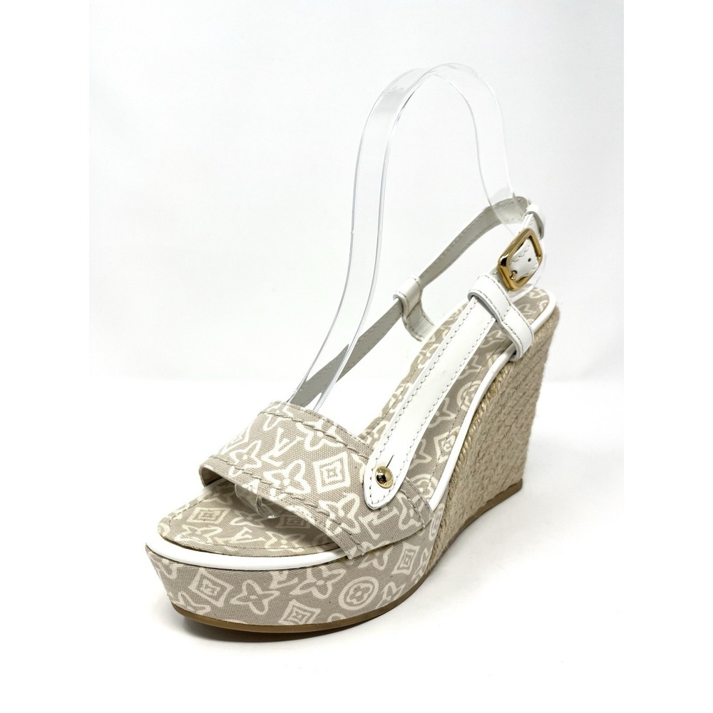 Louis Vuitton Beige Denim Logo Monogram Flat Platform Espadrilles Sandals 37.5